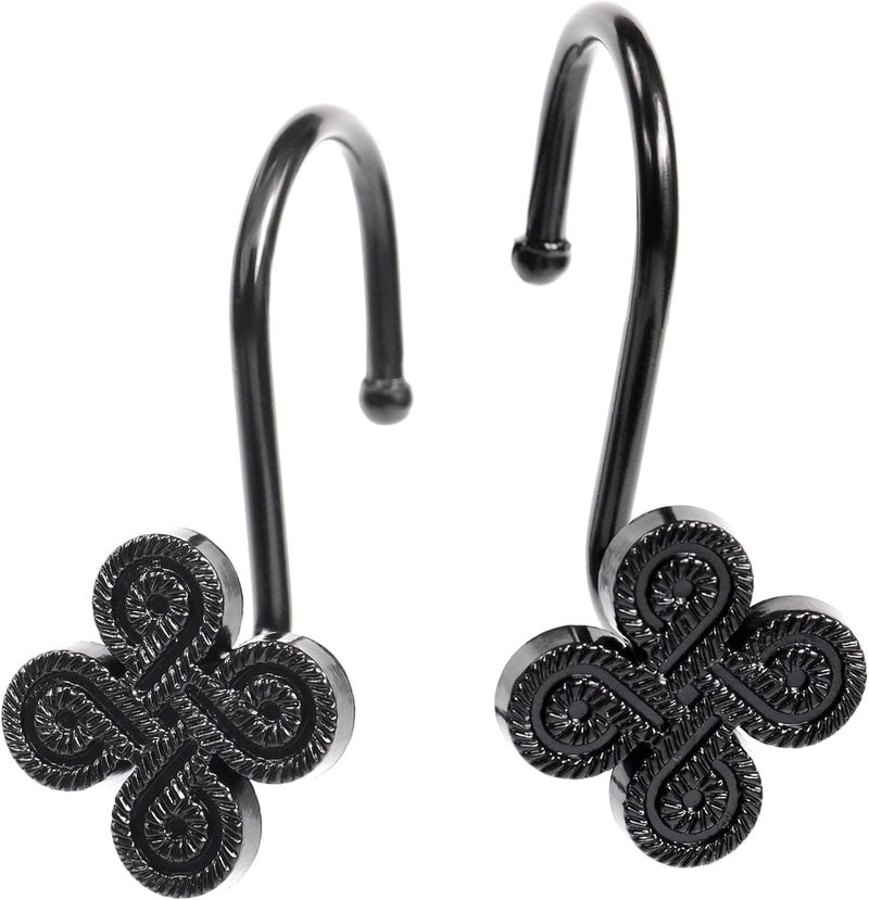 Popkozzi Black Shower Curtain Rings Hooks: Rust Proof Metal Shower Rings for Bathroom - Fancy Flower Clover Designed Decorative Shower Curtain Hooks Hangers for Shower Rod - Set of 12 - Image 1